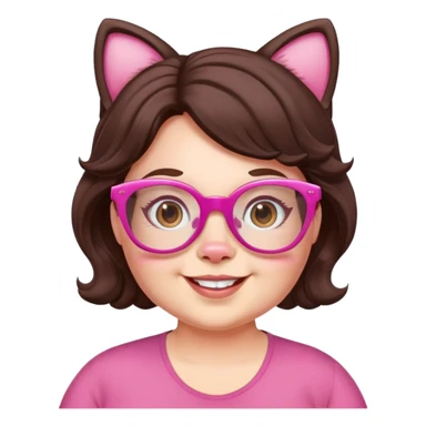 happy chubby English teacher face, pink cat glasses, wavy dark brown hair, online class setting sticker
