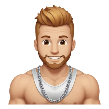 Happy muscular 28 year old man with silver chain. Has light brown hair that has and reddish blond  highlights, and a fauxhawk with trimmed beard cleaning sticker