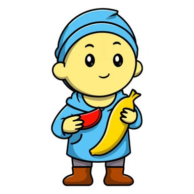 a beggar holding a chocobanana, looking hopeful sticker