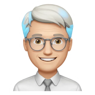 30 yr old pale white man, white/grey side swept stylish hair, round glasses, big smile, white teeth, handsome, longer hair, thin glasses, white dress shirt, smooth forhead sticker