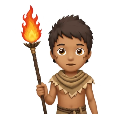 ancient boy, tattered animal skin cloth, hold fire stick sticker