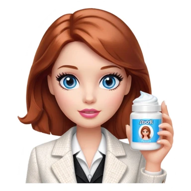 A Barbie girl with blue eyes, shoulder-length reddish-brown hair with makeup, wearing a white tweed jacket and a black skirt, holds a face cream in her hand sticker
