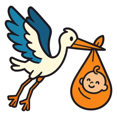 stork flying with a human baby in a bundle, vibrant toon style sticker