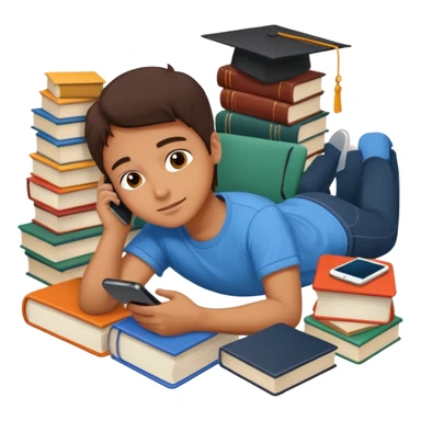 emoji student lying with phone instead of studying, lazy, books, white background, sticker