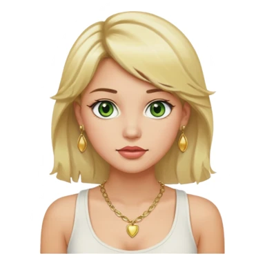 Girl with green eyes, blonde slightly wavy hair, sideswept bangs, darker roots, white but a bit tan, wearing white tank top, golden necklace and gold earrings, rosy cheeks and blushed lips sticker