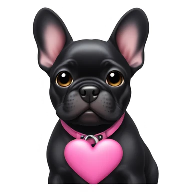 Solid black Frenchie pup with pink collar with a heart sticker