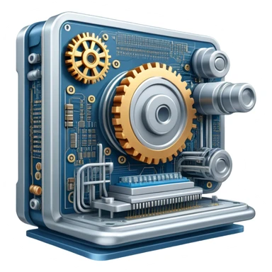 An icon featuring a giant machine soldering a huge microchip, symbolizing engineering. The design includes mechanical gears, circuit boards, and a blueprint, representing the precision and innovation in designing and building technology. Transparent background highlights the art of engineering sticker