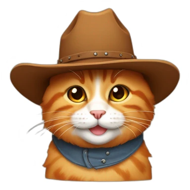 pure orange small chubby hairy bobtail cat while wearing a brown cowboy hat and smiling sticker