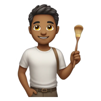 A cute brother with a round face and slightly droopy eyes, smiling with a colored brush in his hand. sticker