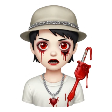 stylized zombie with black short hair, bloody eyes, white t-shirt, blood on mouth, chain, and LA hat, emoji style sticker