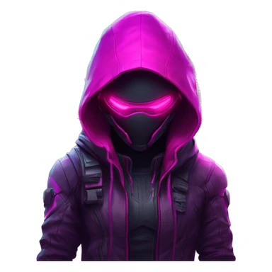 developer behind his laptop with this style : crysis Cyberpunk Valorant neon glowing bright pink girl character dark pink purple black hooded assassin themed character sticker