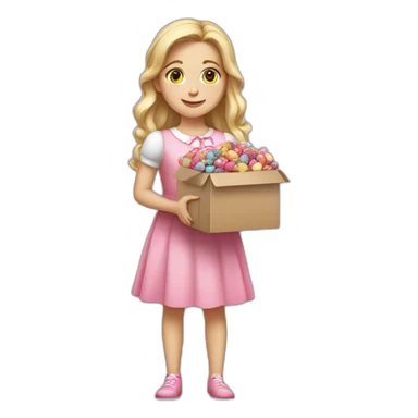 white girl in a pink dress holding a box full of candy. sticker