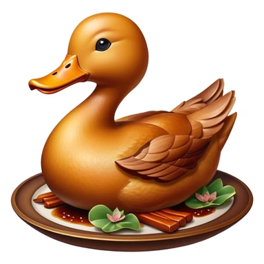 Cinematic Realistic Peking Duck Dish Emoji, depicted with crispy, roasted duck with glistening skin and succulent meat, rendered with rich textures and dramatic, appetizing lighting. sticker