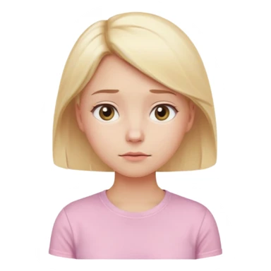 A cute emoji-style girl with light blonde hair and a soft pink t-shirt, looking thoughtfully into the distance, gentle expression, slightly furrowed brows, dreamy eyes, clean white background, simple and smooth vector-like design, pastel tones, 2D flat illustration, high clarity, emoji aesthetic sticker