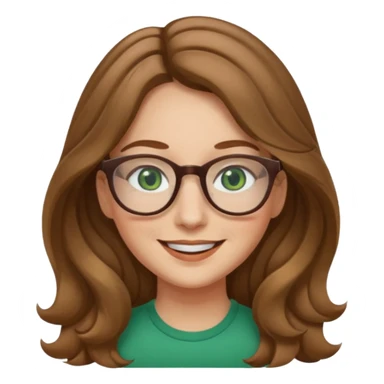 long wavy light brown hair woman with green eyes and glasses smiling closed mouth. middle part hair. medium thick eye brows sticker
