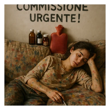 Exhausted young artist asleep on a paint-stained sofa, above her the Italian text 'Commissione urgente!', medicine bottles and hot water bottle arranged like in a trench, creative and messy atmosphere, hyperrealism 4K, Italian text. sticker