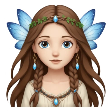 Boho chic fairy with long brown hair and wearing white and earthy tone clothing with blue eyes  sticker