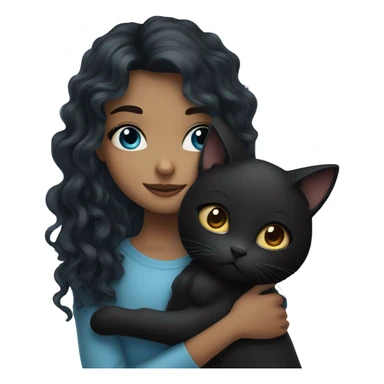 girl with gray blue eyes and long curly dark hair hugging black cat sticker