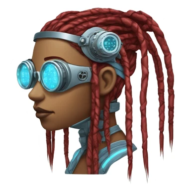 Light blue long dreadlocks female cyborg head with red steampunk goggles and circuits sticker