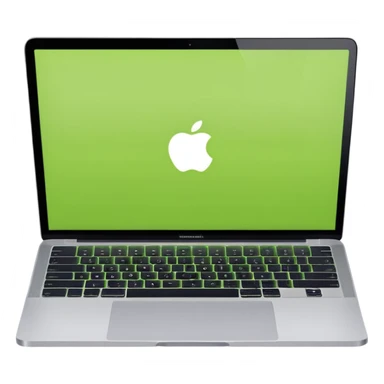 A macbook laptop front facing with its screen showing lime green screen. sticker