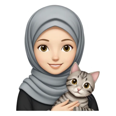 White girl wearing pretty hijab holding a black grey tabby cat while smiling sticker