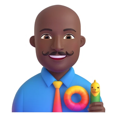 Oxumarê as a very happy and spontaneous smiling 37-year-old bald man with very dark skin, smooth oval head, indigenous facial features, mustache with circular beard only on chin (no hair on sides), a round mole on the right side below the lip, wearing a blue striped dress shirt, and a rainbow serpent, Memoji style sticker