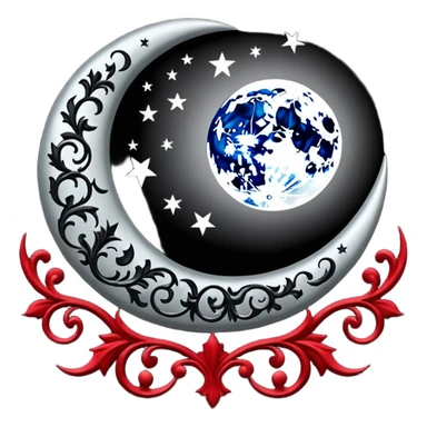Gothic edgy Victorian black and white and red and silvery starry damask moon sticker