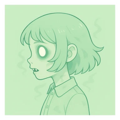 Make the pastel horror profile picture scarier and use a light green pastel color palette, keep it cute, expressive, and minimal, in the style of imagen-4-fast-KaUtLiSA10F style. sticker