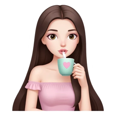 sexy pale girl, very full lips, long straight brunette hair, long lashes, pastel pink tube top, sipping tea  sticker