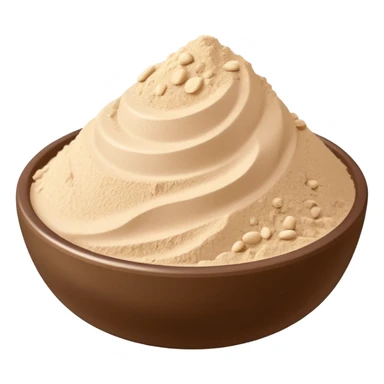 small heap of finely milled beige or light tan protein powder with smooth fluffy texture and slightly uneven surface, optional scoop partly buried, no shaker jar or branding, soft lighting, subtle shadows, emoji scale sticker