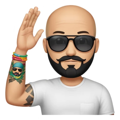  Bald man with sunglasses black beard raising hand with only one colorful tattoo on forearm  sticker
