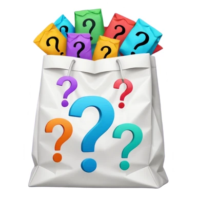 white goodiebag with questions mark boxes stuffed in it sticker