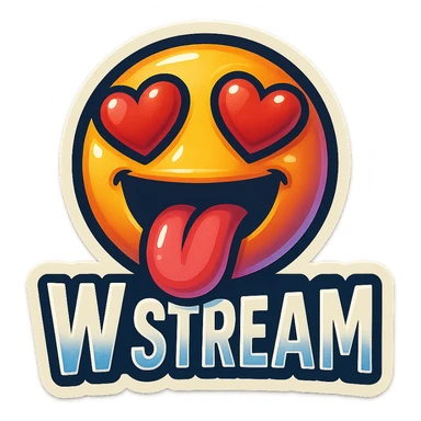 mouth open with tongue out heart shaped eye add the words “ W Stream " in White sticker