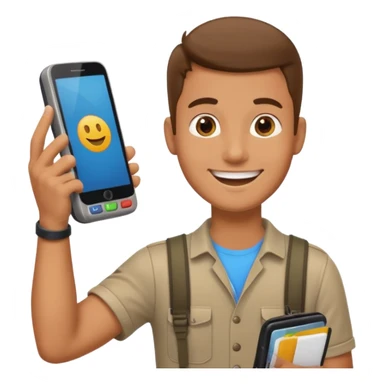 Draw a male tourist who pointed his phone to scan a QR code at a POS terminal. In the style of an Apple emoji sticker