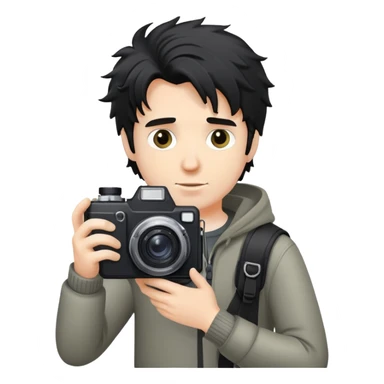 a white man with black messy hair holding a foto camera sticker
