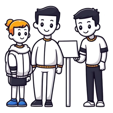 sticker style group logo with cartoon people with bold outlines sticker