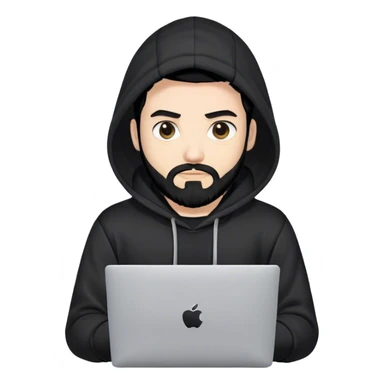hackeur blanc cheveux noir barbe et capuche noir avec un macbook sticker
