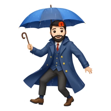 A dark-haired boy with a white beard dancing with an umbrella in the rain sticker