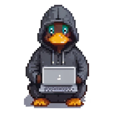 black rubber duck with tiny hoodie and a laptop, hacker sticker