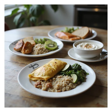 hyperrealistic 4K table with separate plates for 2000 calorie diet: breakfast with omelette, whole grain bread, kiwi; lunch with chicken, quinoa, zucchini; dinner with salmon, basmati rice, spinach; snacks with yogurt, nuts, apple. Plates labeled with calories, modern kitchen atmosphere sticker