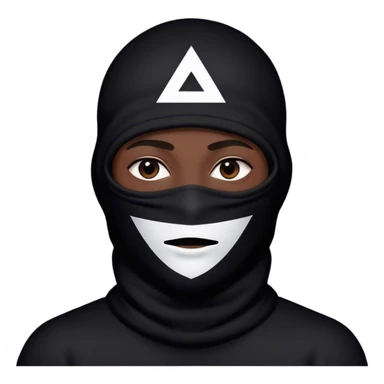 Guy with black baclava like face cover with an upside down white triangle face pattern sticker