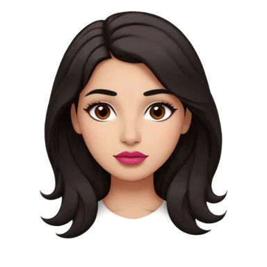 Warm medium olive tone / large dark eyes/ well shaped straight brows thick/  full natural lips pink red / nose straight greek / cheeks blushed / hair dark brown to black wavy long thick layers sticker