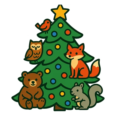 pine tree decorated with woodland critters in vibrant-toon style sticker