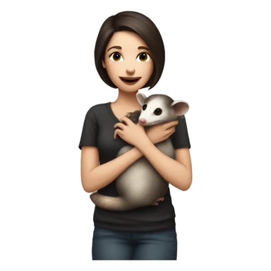 White woman dark brown hair holding and kissing opossum sticker
