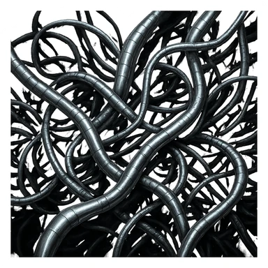 Make the intertwined wires appear highly metallic, with reflective chrome and steel textures, biomechanical, Giger-inspired, dark and surreal. sticker