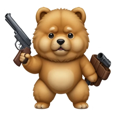 Funny realistic-style chow chow dog with light fur standing on its hind legs and holding a gun menacingly sticker
