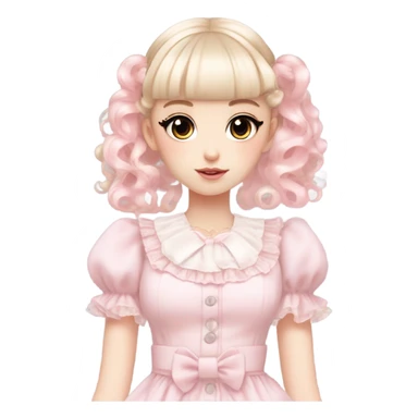 pale girl , who has curly medium length blonde and baby pink swirled hair with bangs , grey eyes , and doll like makeup , in a light pink lolita hime gyaru dress sticker