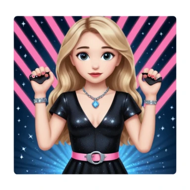 Sabrina carpenter at concert wearing a black sparkly dress with a silver sparkle v neck she is holding up pink handcuffs towards audience and kneeling, blue and red lights setting  sticker
