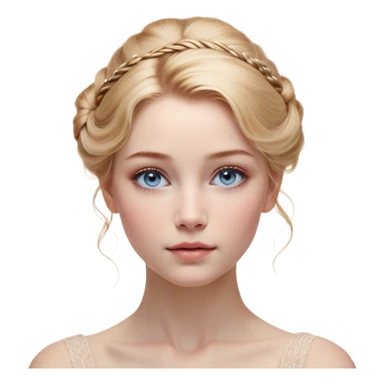 Cinematic Realistic Cinderella Portrait, depicted with lifelike skin texture, subtle rosy undertones, and soft natural lighting that enhances the gentle contours of her face. Her intricately detailed golden blonde hair is elegantly styled in an updo, with delicate wisps framing her face. Her deep, expressive blue eyes radiate warmth and sincerity, reflecting a quiet resilience and grace. She holds a glass slipper gently in one hand, her other hand resting gracefully at her side, emphasizing the timeless beauty of the moment. She is dressed in her iconic ball gown, the fabric shimmering with intricate embroidery and fine translucent layers that catch the light beautifully. The soft sheen of satin gloves adds a magical touch to her graceful pose. The portrait features an enchanting glow with a natural, luminous finish, seamlessly blending realism and fairytale charm to evoke a sense of depth, elegance, and timeless beauty. sticker