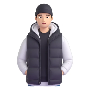 A guy in a hat, black hoodie, and a puffer vest sticker
